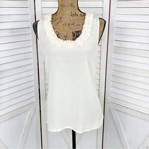 Halogen Ruffle Trim Neck Sheer Silk Sleeveless Top Cream Small